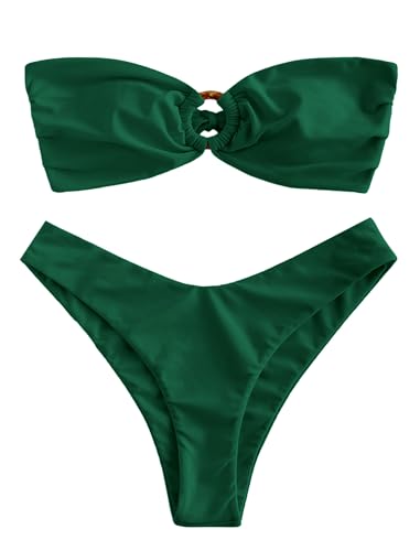 ZAFUL Damen Bandeau-Bikini, O-Ring, trägerlos, Raffhalter, hoher Schnitt, zweiteiliger Badeanzug, 1-dunkelgrün, Medium von ZAFUL