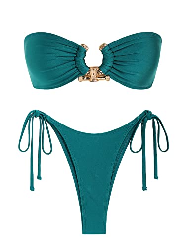 ZAFUL Damen-Bandeau-Bikini, O-Ring, trägerlos, Schnürung hinten, hoher Schnitt, Zweiteiliger Badeanzug, Badeanzüge (5-Grün, S) von ZAFUL