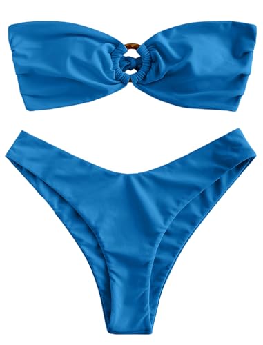 ZAFUL Damen Bandeau-Bikini-Set, gerippt, O-Ring, Schnürung, seitliche Batikung, Badeanzug, 0-tiefblau, Medium von ZAFUL