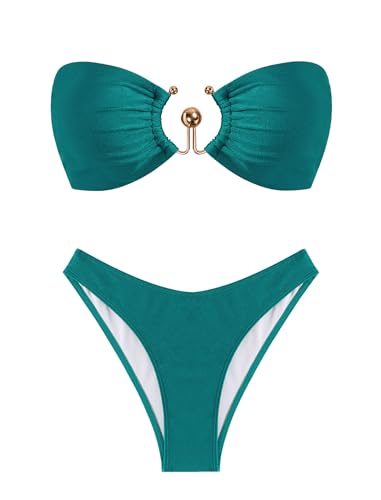 ZAFUL Damen Bandeau-Bikini-Set, metallisch, glitzernd, O-Ring, Schnürung, seitlich hoch geschnitten, Tanga, sexy Badeanzug, A-pfau blau, Medium von ZAFUL