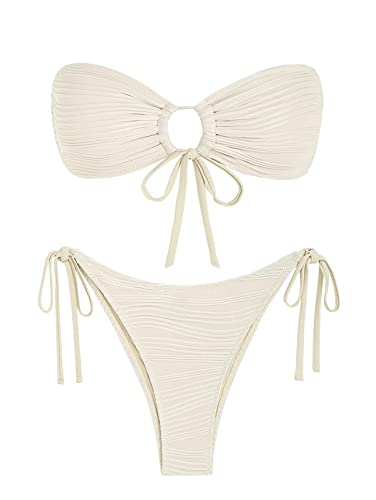 ZAFUL Damen Bandeau-Bikini-Set, seitlich gebunden, Badebekleidung, O-Ring, gerafft, trägerlos, Badeanzug, Neckholder, Zweiteiliger Badeanzug von ZAFUL