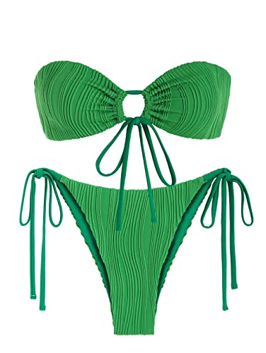 ZAFUL Damen Bandeau-Bikini-Set, seitlich gebunden, Badebekleidung, O-Ring, gerafft, trägerlos, Badeanzug, Neckholder, Zweiteiliger Badeanzug von ZAFUL