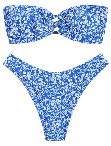 ZAFUL Damen Bandeau-Bikini mit O-Ring & Blumenmuster – Hochgeschnittenes 2-teiliges Bikini-Set | Gepolsterter Trägerloser Bikini mit Adjustable Tie-Back (1-Blau Floral,L) von ZAFUL