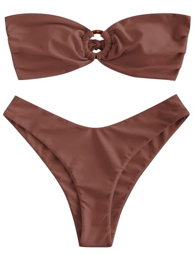 ZAFUL Damen Bandeau-Bikini mit O-Ring & Blumenmuster – Hochgeschnittenes 2-teiliges Bikini-Set | Gepolsterter Trägerloser Bikini mit Adjustable Tie-Back (1-Braun,S) von ZAFUL