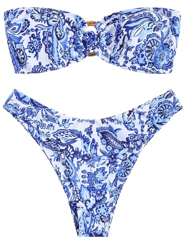 ZAFUL Damen Bandeau-Bikini mit O-Ring & Blumenmuster – Hochgeschnittenes 2-teiliges Bikini-Set | Gepolsterter Trägerloser Bikini mit Adjustable Tie-Back (1-DunkelBlau Floral,L) von ZAFUL