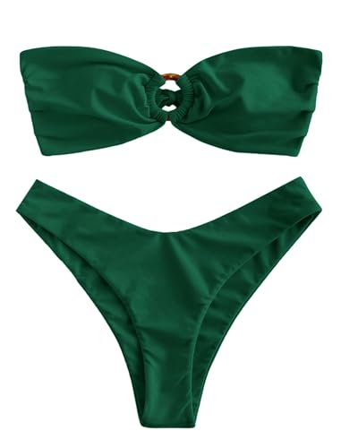 ZAFUL Damen Bandeau-Bikini mit O-Ring & Blumenmuster – Hochgeschnittenes 2-teiliges Bikini-Set | Gepolsterter Trägerloser Bikini mit Adjustable Tie-Back (1-Dunkelgrün,L) von ZAFUL