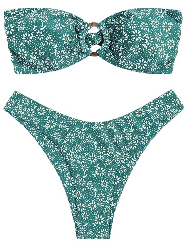 ZAFUL Damen Bandeau-Bikini mit O-Ring & Blumenmuster – Hochgeschnittenes 2-teiliges Bikini-Set | Gepolsterter Trägerloser Bikini mit Adjustable Tie-Back (1-Grün Floral,M) von ZAFUL