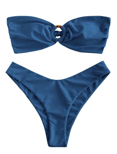 ZAFUL Damen Bandeau-Bikini mit O-Ring & Blumenmuster – Hochgeschnittenes 2-teiliges Bikini-Set | Gepolsterter Trägerloser Bikini mit Adjustable Tie-Back (1-Königsblau,M) von ZAFUL