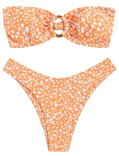 ZAFUL Damen Bandeau-Bikini mit O-Ring & Blumenmuster – Hochgeschnittenes 2-teiliges Bikini-Set | Gepolsterter Trägerloser Bikini mit Adjustable Tie-Back (1-Orange Floral,M) von ZAFUL