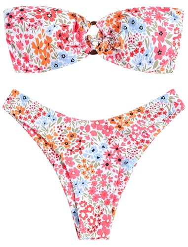 ZAFUL Damen Bandeau-Bikini mit O-Ring & Blumenmuster – Hochgeschnittenes 2-teiliges Bikini-Set | Gepolsterter Trägerloser Bikini mit Adjustable Tie-Back (1-Rosa Floral,M) von ZAFUL