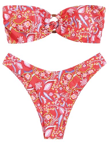 ZAFUL Damen Bandeau-Bikini mit O-Ring & Blumenmuster – Hochgeschnittenes 2-teiliges Bikini-Set | Gepolsterter Trägerloser Bikini mit Adjustable Tie-Back (1-Rot Floral,L) von ZAFUL