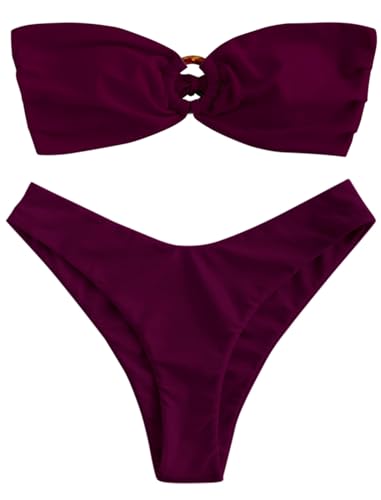 ZAFUL Damen Bandeau-Bikini mit O-Ring & Blumenmuster – Hochgeschnittenes 2-teiliges Bikini-Set | Gepolsterter Trägerloser Bikini mit Adjustable Tie-Back (1-Rotwein,M) von ZAFUL