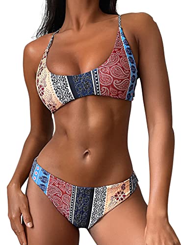 ZAFUL Damen Zweiteiliger U-Ausschnitt Bikini Crop Top Criss Cross Push Up Bikini Set Tanks Top Badeanzug, C1 - Multi-A, Medium von ZAFUL
