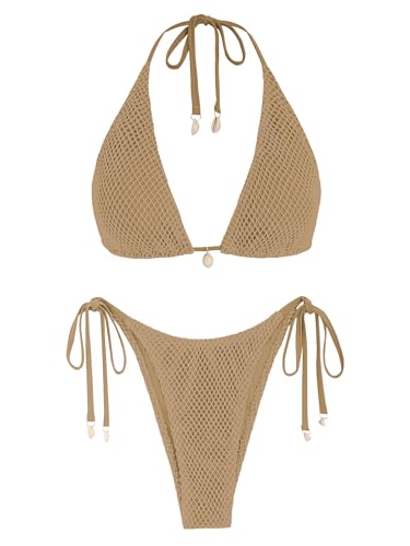 ZAFUL Damen-Bikini, Triangel-Bikini, Multiway-Fischnetz-Bindeband, Bandeau-Neckholder-Bikini-Set, zweiteiliger Badeanzug, 1 Milchkaffee, S von ZAFUL