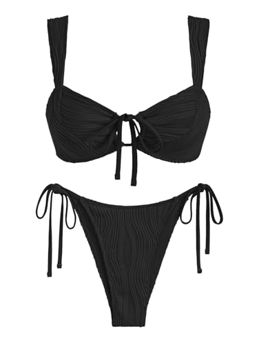 ZAFUL Damen-Bikini, einfarbig, gewellt, strukturiert, geknotet, seitlich gebunden, zweiteiliger Badeanzug, 1-schwarz, XL von ZAFUL