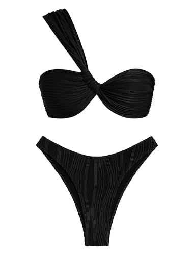 ZAFUL Damen-Bikini, einschultrig, gedreht, gerüscht, hoch geschnitten, Bandeau-Bikini-Set, zweiteiliger Badeanzug, 2-Schwarz 1, XL von ZAFUL
