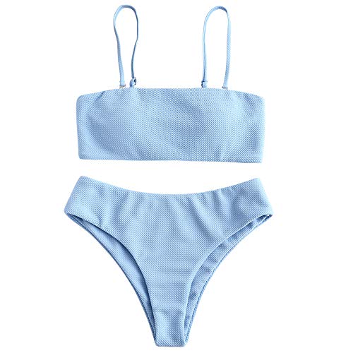 ZAFUL Damen Bikini Set, Texture Bandeau Bikini Set mit Gepolsterter High Cut Sexy Badeanzug (Blau-L) von ZAFUL