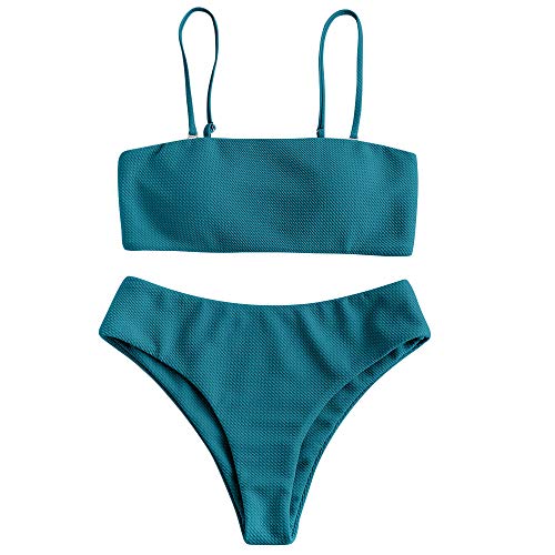 ZAFUL Damen Bikini Set, Texture Bandeau Bikini Set mit Gepolsterter High Cut Sexy Badeanzug (Pfauenblau-M) von ZAFUL