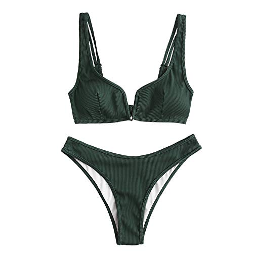 ZAFUL Damen Bikini Set, Zweiteilige Gerippter Bikini-Oberteil mit V-Verkabelung High Cut Bademode Sexy Swimsuit Sommer (Mittleres Waldgrün, L) von ZAFUL