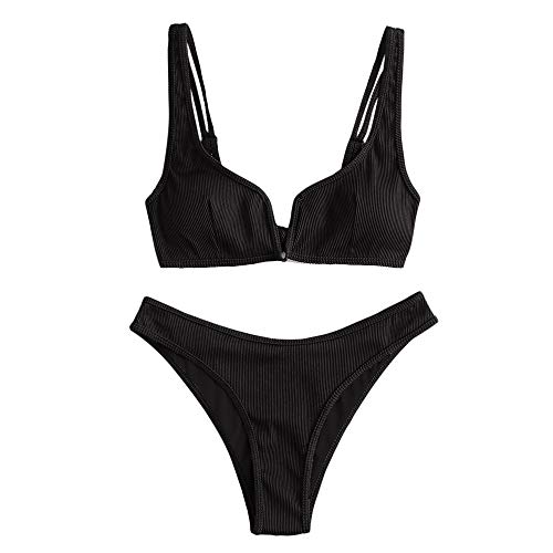 ZAFUL Damen Bikini Set, Zweiteilige Gerippter Bikini-Oberteil mit V-Verkabelung High Cut Bademode Sexy Swimsuit Sommer (Schwarz, S) von ZAFUL