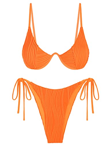 ZAFUL Damen-Bikini-Set, gerippt, zweiteilig, mit Bügel, verstellbarer Rückenverschluss, Badeanzug, seitliches Binden, Tanga, Bademode, Orange/Abendrot im Zickzackmuster (Sunset Chevron), XL von ZAFUL