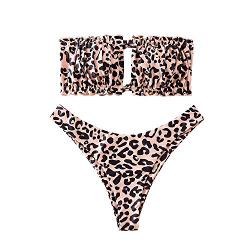 ZAFUL Damen Bikini Set, schulterfrei Bandeau mit Kordelzug & Rüschen High Cut Bademode mit Tierdruck (Leopardmuster, L) von ZAFUL