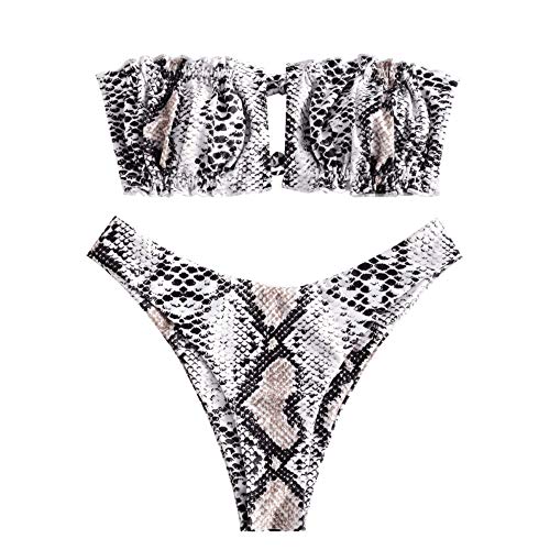 ZAFUL Damen Bikini Set, schulterfrei Bandeau mit Kordelzug & Rüschen High Cut Bademode mit Tierdruck (Schlangenmuster, L) von ZAFUL