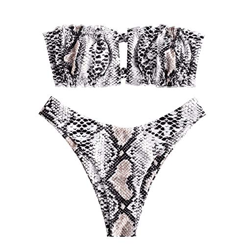 ZAFUL Damen Bikini Set, schulterfrei Bandeau mit Kordelzug & Rüschen High Cut Bademode mit Tierdruck (Schlangenmuster, S) von ZAFUL