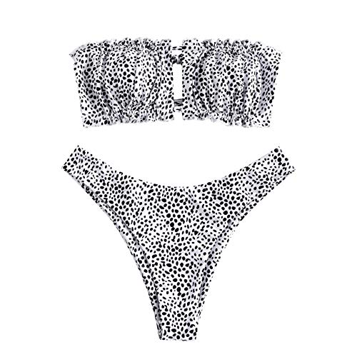 ZAFUL Damen Bikini Set, schulterfrei Bandeau mit Kordelzug & Rüschen High Cut Bademode mit Tierdruck (Speck, L) von ZAFUL