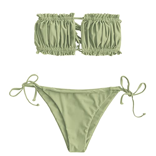 ZAFUL Damen Bikini Set, schulterfrei Bandeau mit Kordelzug & Rüschen High Cut Einfarbig Bademode (A-Hellgrün,L) von ZAFUL