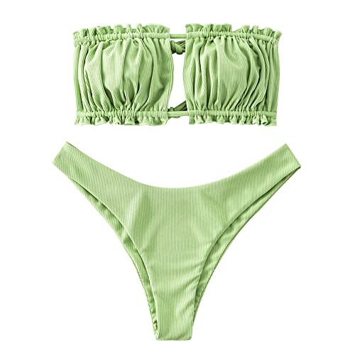 ZAFUL Damen Bikini Set, schulterfrei Bandeau mit Kordelzug & Rüschen High Cut Einfarbig Bademode (A-Hellgrün,M) von ZAFUL