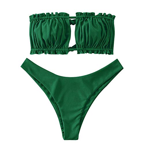 ZAFUL Damen Bikini Set, schulterfrei Bandeau mit Kordelzug & Rüschen High Cut Einfarbig Bademode (A-Mittleres Seegrün,M) von ZAFUL