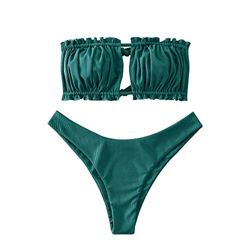 ZAFUL Damen Bikini Set, schulterfrei Bandeau mit Kordelzug & Rüschen High Cut Einfarbig Bademode (A-Pfauenblau,L) von ZAFUL