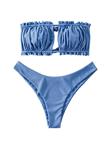 ZAFUL Damen Bikini Set, schulterfrei Bandeau mit Kordelzug & Rüschen High Cut Einfarbig Bademode (A-Seidenblau,S) von ZAFUL