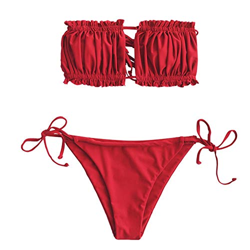 ZAFUL Damen Bikini Set, schulterfrei Bandeau mit Kordelzug & Rüschen High Cut Einfarbig Bademode (Lavarot, L) von ZAFUL