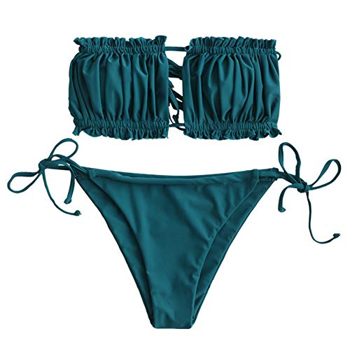 ZAFUL Damen Bikini Set, schulterfrei Bandeau mit Kordelzug & Rüschen High Cut Einfarbig Bademode (Pfauenblau, L) von ZAFUL