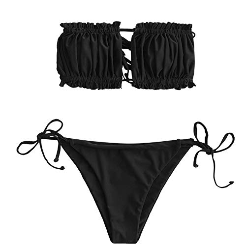 ZAFUL Damen Bikini Set, schulterfrei Bandeau mit Kordelzug & Rüschen High Cut Einfarbig Bademode (Schwarz, L) von ZAFUL