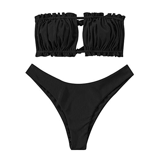 ZAFUL Damen Bikini Set, schulterfrei Bandeau mit Kordelzug & Rüschen High Cut Einfarbig Bademode (A-Schwarz,S) von ZAFUL