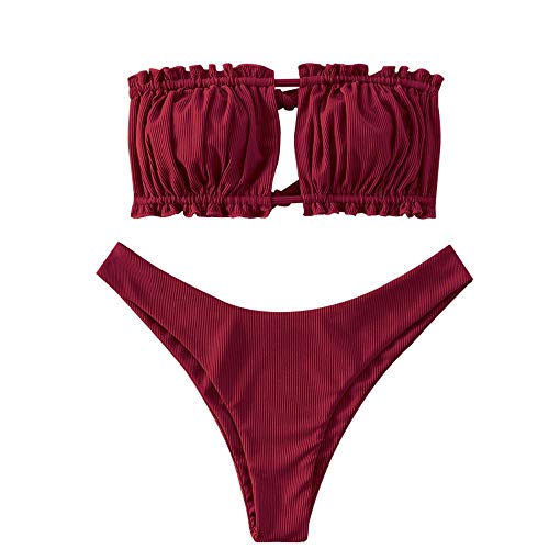 ZAFUL Damen Bikini Set, schulterfrei Bandeau mit Kordelzug & Rüschen High Cut Einfarbig Bademode (A-Weinrot,L) von ZAFUL