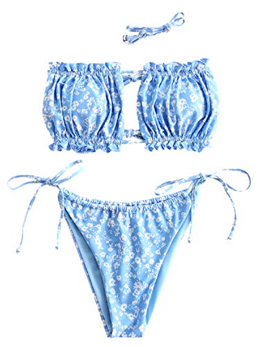 ZAFUL Damen Bikini Set, schulterfrei Bandeau mit Kordelzug & Rüschen High Cut mit Tropischer Blumendruck Bademode (B-Blumen-Blau,L) von ZAFUL