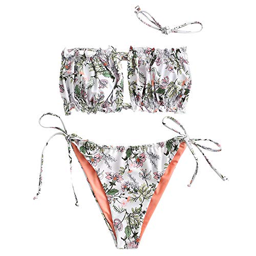 ZAFUL Damen Bikini Set, schulterfrei Bandeau mit Kordelzug & Rüschen High Cut mit Tropischer Blumendruck Bademode (B-Weiß-rosa,M) von ZAFUL