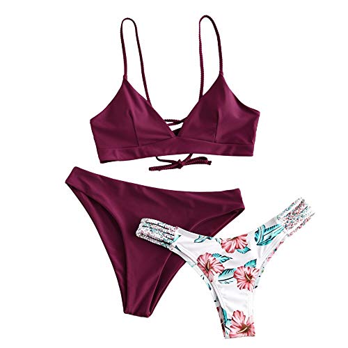 ZAFUL Damen Bikini-Set 3 Pieces mit Blumenmuster gepolstegrte Push-Up BH mit Flechtgurt Cami Triangel Cheeky Badeanzug Bademode (3-Pflaumentorte Rot,M) von ZAFUL