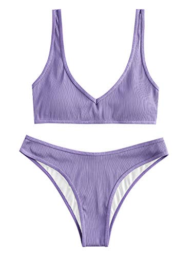 ZAFUL Damen Bikini Set Push up Gepolsterte Gerippt Textured V-Ausschnitt High Cut Zweiteiler Badeanzug Bademode (Violett,M) von ZAFUL