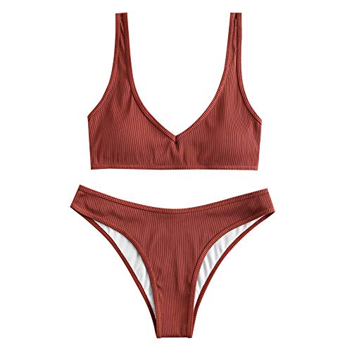 ZAFUL Damen Bikini Set Push up Gepolsterte Gerippt Textured V-Ausschnitt High Cut Zweiteiler Badeanzug Bademode (Ziegelrot,L) von ZAFUL