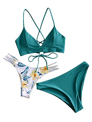 ZAFUL Damen Bikini-Set mit Flechtgurt verstellbarem BH Push-Up Rücken, Triangle Bustle Badehose mit Blummenmuster (Grün-1, M) von ZAFUL