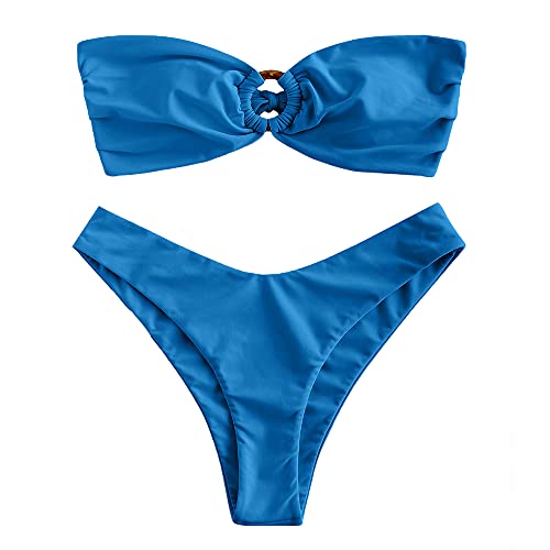 ZAFUL Damen Bikini Set mit O-Ring und Raffung hinten, hoher Schnitt, Bandeau Bikini Set, solide gepolstert, trägerlos, Zweiteiliger Badeanzug (1-Blau,L) von ZAFUL