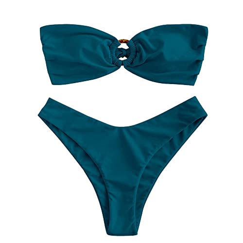 ZAFUL Damen Bikini Set mit O-Ring und Raffung hinten, hoher Schnitt, Bandeau Bikini Set, solide gepolstert, trägerlos, Zweiteiliger Badeanzug (1-Pfauenblau,S) von ZAFUL