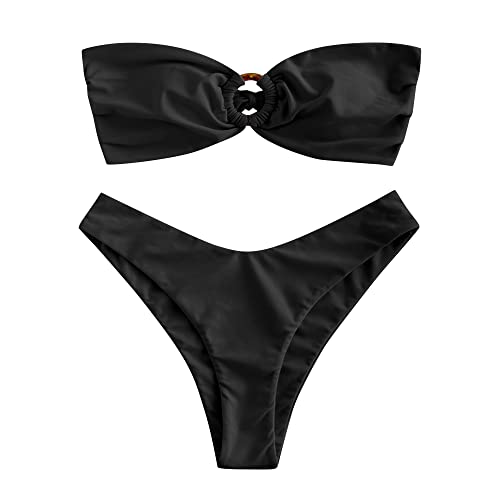 ZAFUL Damen Bikini Set mit O-Ring und Raffung hinten, hoher Schnitt, Bandeau Bikini Set, solide gepolstert, trägerlos, Zweiteiliger Badeanzug (1-Schwarz,L) von ZAFUL