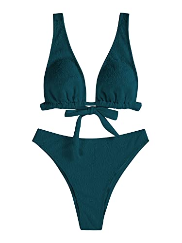 ZAFUL Damen-Bikini-Set mit Rückenbindung, V-Ausschnitt, hohe Taille, Crinkle Longline, tiefer Bikini, zweiteilige Badeanzüge, A-pfau blau, Medium von ZAFUL