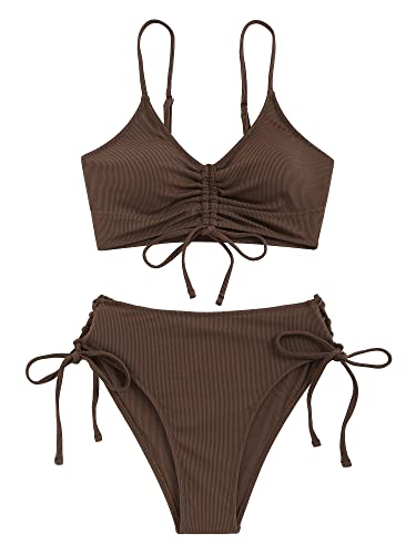 ZAFUL Damen-Bikini-Set mit V-Ausschnitt, gerüscht, mit hoher Taille, Blumendruck, gerippt, 2-teiliger Badeanzug, Kaffee, S von ZAFUL